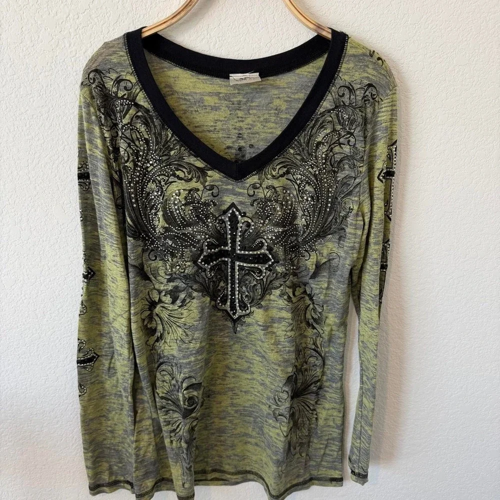 Y2K Grunge Bling Cross Graphic Long Sleeve - Picture 1 of 4
